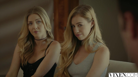 Horny rich guy dominating two young blonde bitches