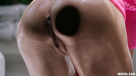 Tiny young girl in a mesh get up gets blindfolded and boned